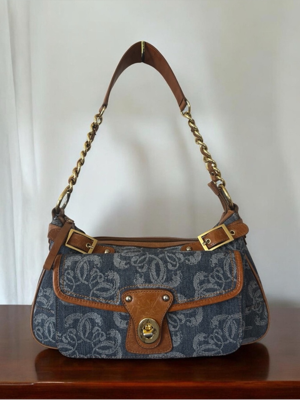 Sharif Denim Jacquard
Shoulder Bag with Brown Leather Trim Y2K